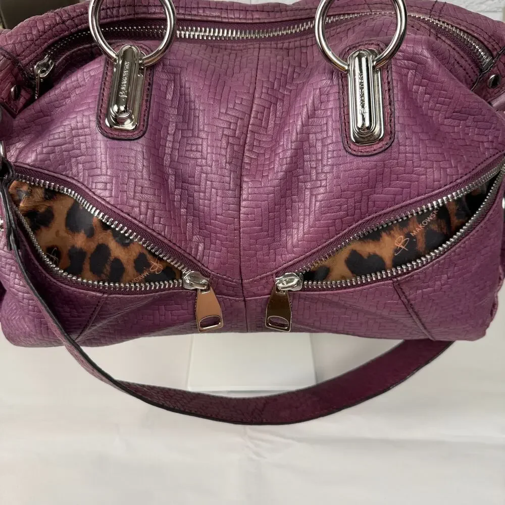 B MAKOWSKY Leather Mulberry Purple Woven Satchel Purse Handbag Y2K Double Handle
